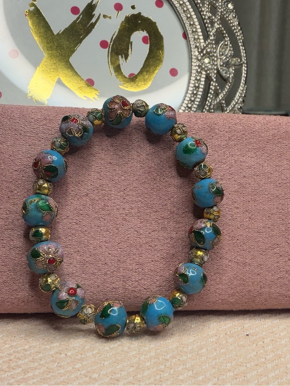 Cloisonne Beaded Stretch Bracelet Blue Enamel Floral Filigree